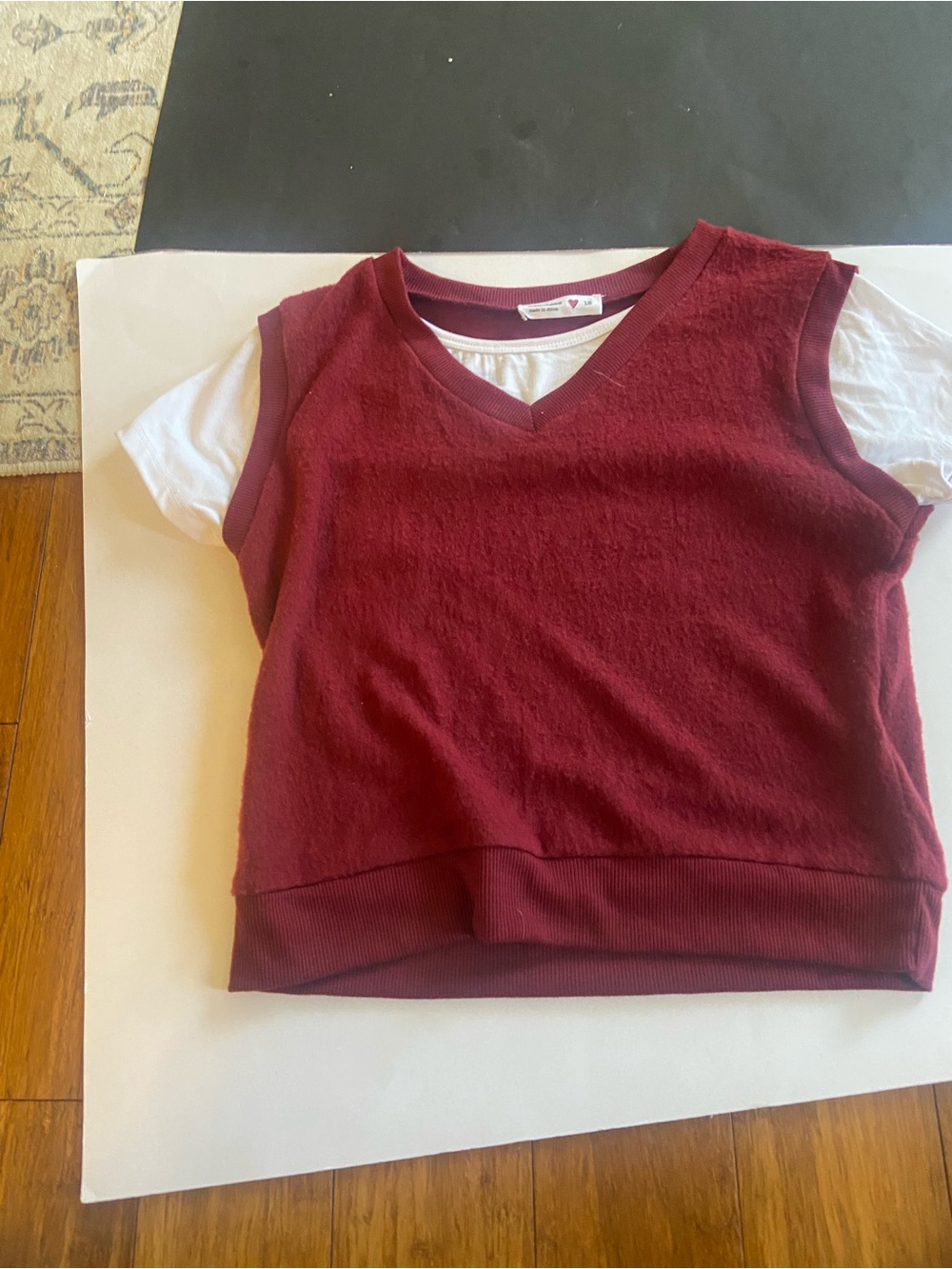 Beautees Burgundy V‑Neck Layered Knit Top with White Tee